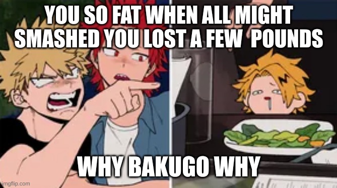 Bakugo yelling at Denki | YOU SO FAT WHEN ALL MIGHT SMASHED YOU LOST A FEW  POUNDS; WHY BAKUGO WHY | image tagged in bakugo yelling at denki | made w/ Imgflip meme maker