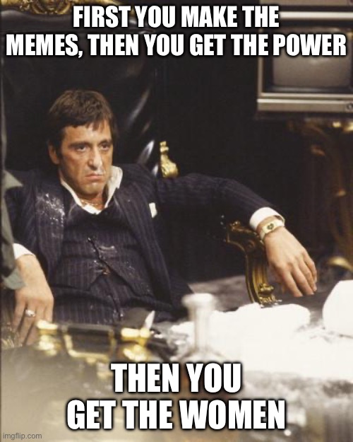 Scarface, bro | FIRST YOU MAKE THE MEMES, THEN YOU GET THE POWER; THEN YOU GET THE WOMEN | image tagged in scarface | made w/ Imgflip meme maker