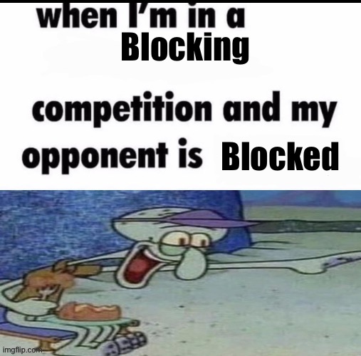 Okay not using this temp again for a while | Blocking; Blocked | image tagged in me when i m in an x but my opponent is y | made w/ Imgflip meme maker