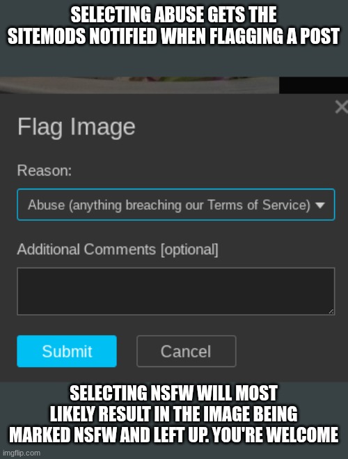 SELECTING ABUSE GETS THE SITEMODS NOTIFIED WHEN FLAGGING A POST; SELECTING NSFW WILL MOST LIKELY RESULT IN THE IMAGE BEING MARKED NSFW AND LEFT UP. YOU'RE WELCOME | made w/ Imgflip meme maker