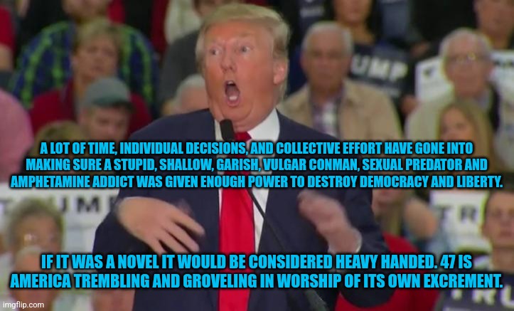 American abjection | A LOT OF TIME, INDIVIDUAL DECISIONS, AND COLLECTIVE EFFORT HAVE GONE INTO
MAKING SURE A STUPID, SHALLOW, GARISH, VULGAR CONMAN, SEXUAL PREDATOR AND
AMPHETAMINE ADDICT WAS GIVEN ENOUGH POWER TO DESTROY DEMOCRACY AND LIBERTY. IF IT WAS A NOVEL IT WOULD BE CONSIDERED HEAVY HANDED. 47 IS
AMERICA TREMBLING AND GROVELING IN WORSHIP OF ITS OWN EXCREMENT. | image tagged in nationalism,mental illness,bathos,hubris | made w/ Imgflip meme maker