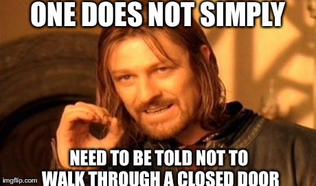 ONE DOES NOT SIMPLY NEED TO BE TOLD NOT TO WALK THROUGH A CLOSED DOOR | image tagged in memes,one does not simply | made w/ Imgflip meme maker