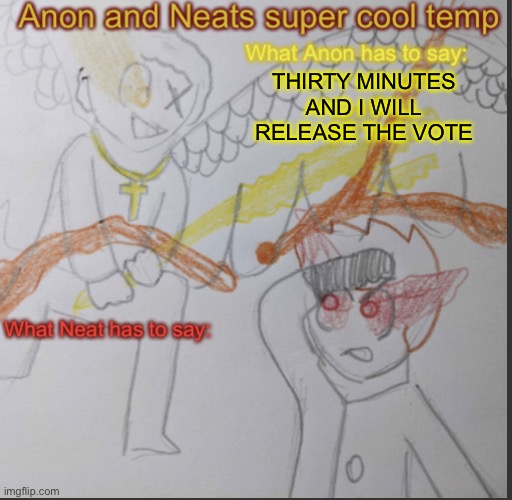 Reminder: the last one was nominating people | THIRTY MINUTES AND I WILL RELEASE THE VOTE | image tagged in anon and neats super cool shared temp | made w/ Imgflip meme maker