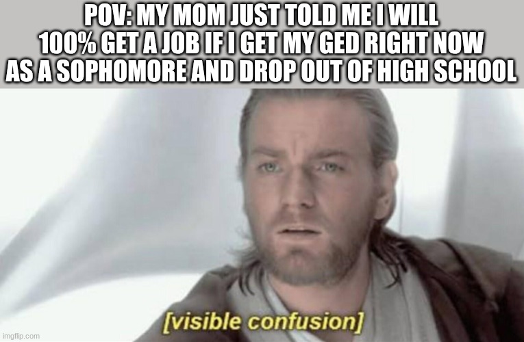 Visible Confusion | POV: MY MOM JUST TOLD ME I WILL 100% GET A JOB IF I GET MY GED RIGHT NOW AS A SOPHOMORE AND DROP OUT OF HIGH SCHOOL | image tagged in visible confusion | made w/ Imgflip meme maker