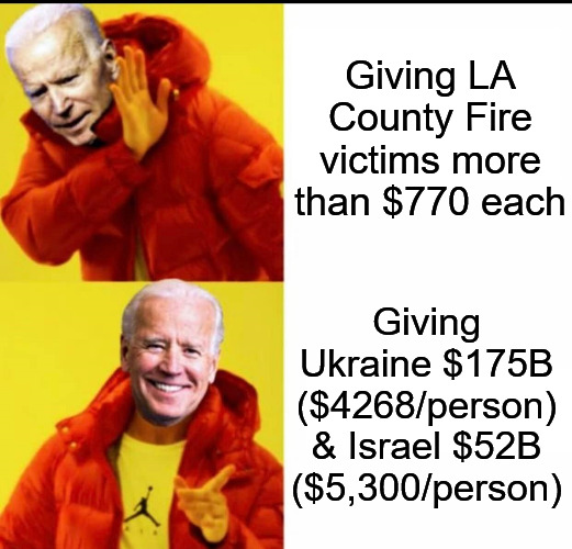 Presidential Priorities Askew | Giving LA County Fire victims more than $770 each; Giving Ukraine $175B ($4268/person) & Israel $52B ($5,300/person) | image tagged in biden no yes drake,la fire,ukraine,israel,priorities,joe biden | made w/ Imgflip meme maker