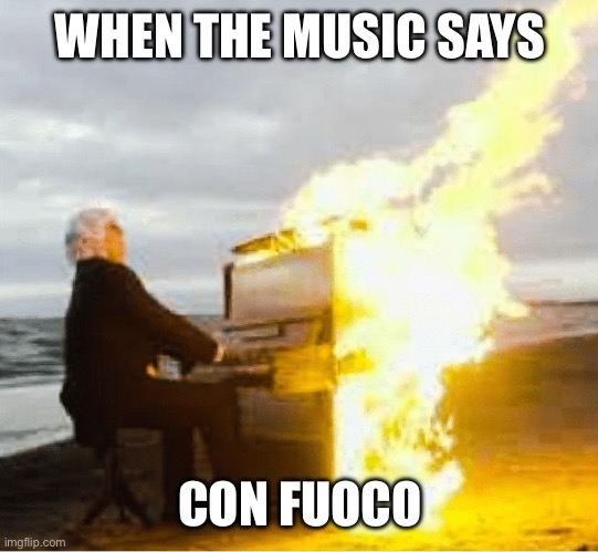 Playing with flair | WHEN THE MUSIC SAYS; CON FUOCO | image tagged in playing flaming piano | made w/ Imgflip meme maker