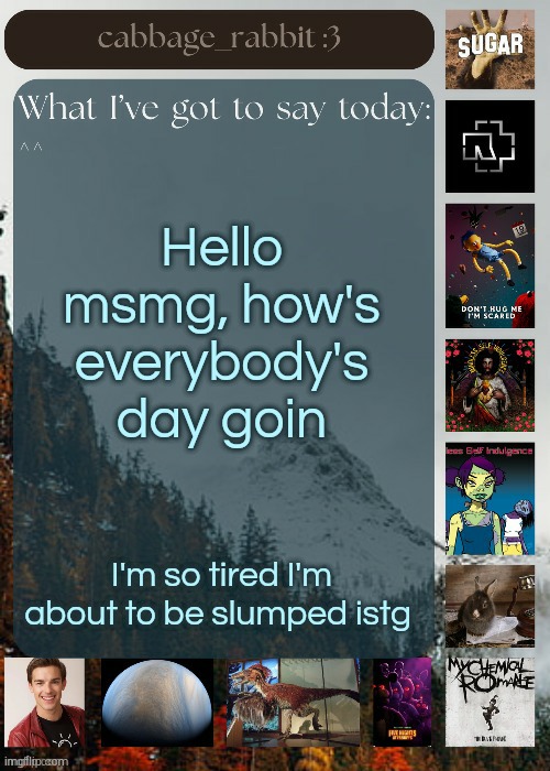 Eepy | Hello msmg, how's everybody's day goin; I'm so tired I'm about to be slumped istg | image tagged in cabbage_rabbit | made w/ Imgflip meme maker