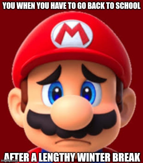 This actually happened to me | YOU WHEN YOU HAVE TO GO BACK TO SCHOOL; AFTER A LENGTHY WINTER BREAK | image tagged in sad mario | made w/ Imgflip meme maker