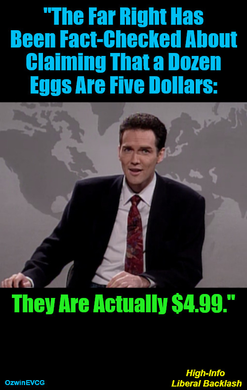 High-Info Liberal Backlash | "The Far Right Has 

Been Fact-Checked About 

Claiming That a Dozen 

Eggs Are Five Dollars:; They Are Actually $4.99."; High-Info 

Liberal Backlash; OzwinEVCG | image tagged in norm macdonald weekend update,inflation,fact check,team biden shills,far right,clown world | made w/ Imgflip meme maker