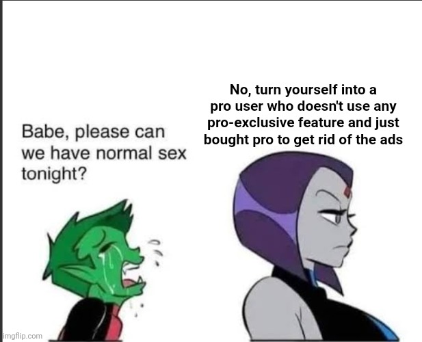 Babe can we please have normal sex tonight? | No, turn yourself into a pro user who doesn't use any pro-exclusive feature and just bought pro to get rid of the ads | image tagged in babe can we please have normal sex tonight | made w/ Imgflip meme maker