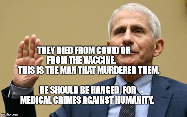 Fauci | THEY DIED FROM COVID OR FROM THE VACCINE.  
        THIS IS THE MAN THAT MURDERED THEM. HE SHOULD BE HANGED  FOR MEDICAL CRIMES AGAINST HUMANITY. | image tagged in fauci | made w/ Imgflip meme maker