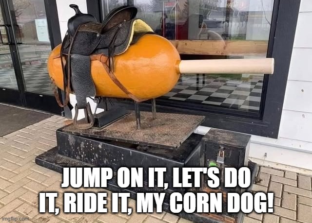 Corn Dog Cowboy | JUMP ON IT, LET'S DO IT, RIDE IT, MY CORN DOG! | image tagged in unsee juice | made w/ Imgflip meme maker