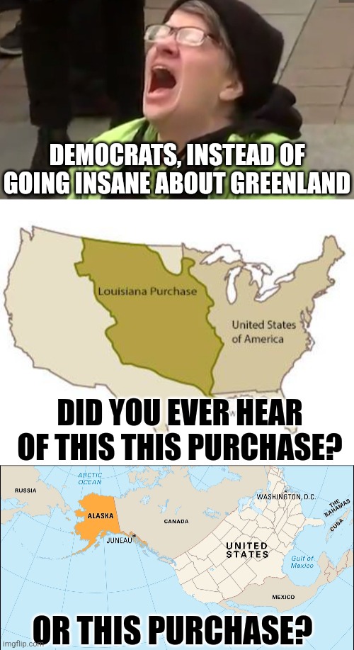 It's funny watching Democrats have a meltdown about Greenland. A county none of them could find on map! | DEMOCRATS, INSTEAD OF GOING INSANE ABOUT GREENLAND; DID YOU EVER HEAR OF THIS THIS PURCHASE? OR THIS PURCHASE? | image tagged in screaming liberal,greenland,liberal hypocrisy,economics,trump,history | made w/ Imgflip meme maker