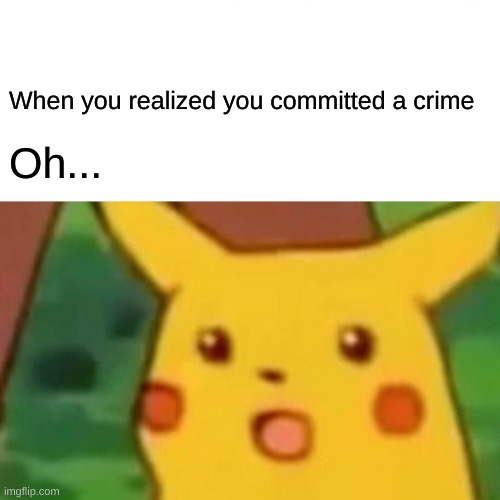 Oh... | When you realized you committed a crime; Oh... | image tagged in memes,surprised pikachu | made w/ Imgflip meme maker