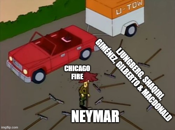 Sideshow bob rake | LJUNGBERG, SHAQIRI, GIMÉNEZ, GILBERTO & MACDONALD; CHICAGO
FIRE; NEYMAR | image tagged in sideshow bob rake | made w/ Imgflip meme maker