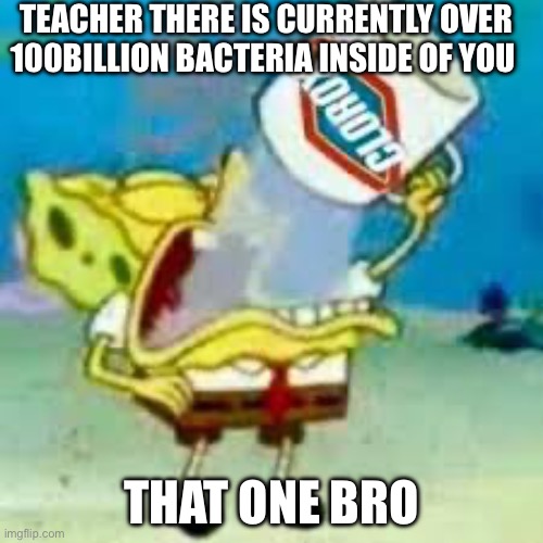 spongebob chugs bleach | TEACHER THERE IS CURRENTLY OVER 100BILLION BACTERIA INSIDE OF YOU; THAT ONE BRO | image tagged in spongebob chugs bleach | made w/ Imgflip meme maker