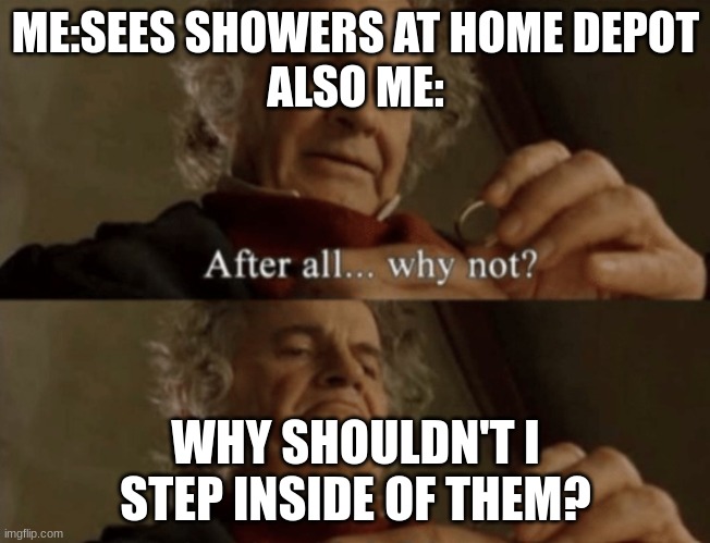 After all.. why not? | ME:SEES SHOWERS AT HOME DEPOT
ALSO ME:; WHY SHOULDN'T I STEP INSIDE OF THEM? | image tagged in after all why not | made w/ Imgflip meme maker