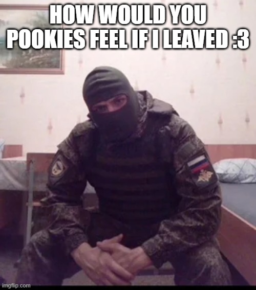 Russian Soldier Guy | HOW WOULD YOU POOKIES FEEL IF I LEAVED :3 | image tagged in russian soldier guy | made w/ Imgflip meme maker