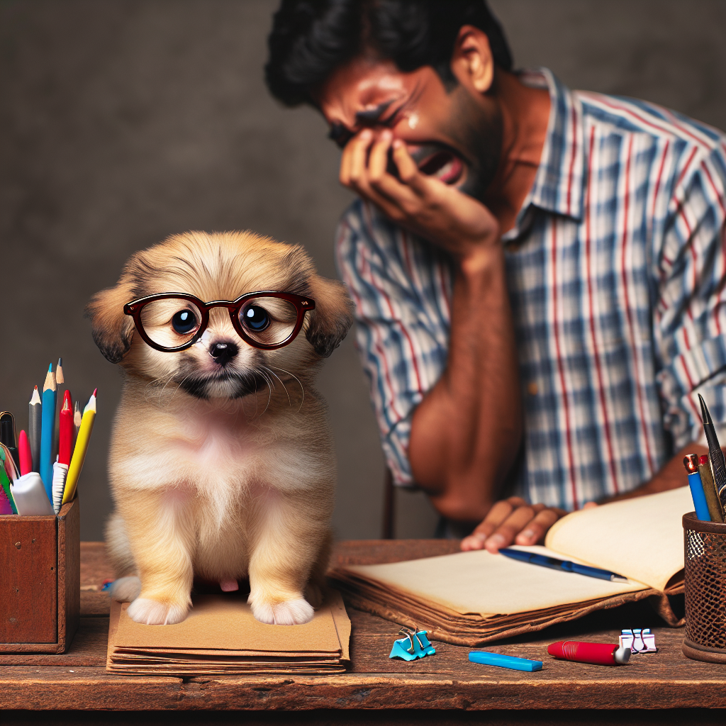 High Quality Dog with glasses sitting at a desk while a human is standing nex Blank Meme Template