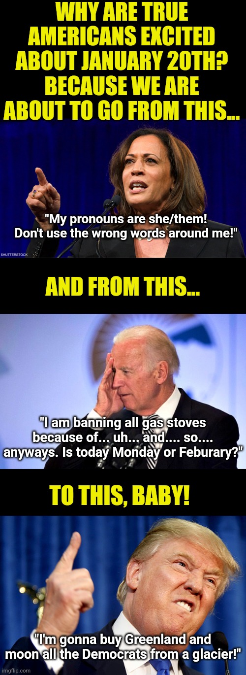 The patients are going back into their padded cells and the adults are back in charge! Let's buy Greenland to celebrate!!! | WHY ARE TRUE AMERICANS EXCITED ABOUT JANUARY 20TH?
BECAUSE WE ARE ABOUT TO GO FROM THIS... "My pronouns are she/them! Don't use the wrong words around me!"; AND FROM THIS... "I am banning all gas stoves because of... uh... and.... so.... anyways. Is today Monday or Feburary?"; TO THIS, BABY! "I'm gonna buy Greenland and moon all the Democrats from a glacier!" | image tagged in kamala harris,donald trump,joe biden,stupid liberals,mainstream media,make america great again | made w/ Imgflip meme maker