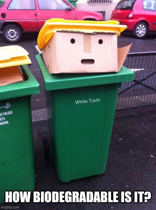 donald trump, white trash | HOW BIODEGRADABLE IS IT? | image tagged in donald trump white trash | made w/ Imgflip meme maker