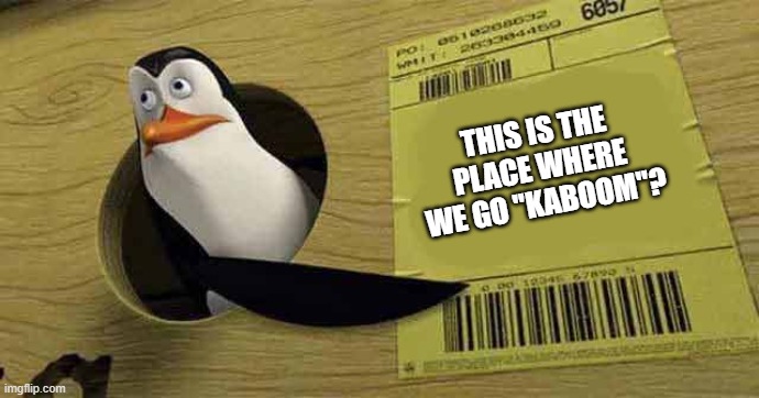 Penguin pointing at sign | THIS IS THE PLACE WHERE WE GO "KABOOM"? | image tagged in penguin pointing at sign | made w/ Imgflip meme maker