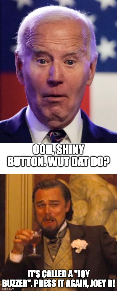 OOH, SHINY BUTTON. WUT DAT DO? IT'S CALLED A "JOY BUZZER". PRESS IT AGAIN, JOEY B! | image tagged in leonardo dicaprio django laugh | made w/ Imgflip meme maker