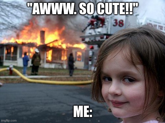 Disaster Girl | "AWWW. SO CUTE!!"; ME: | image tagged in memes,disaster girl | made w/ Imgflip meme maker