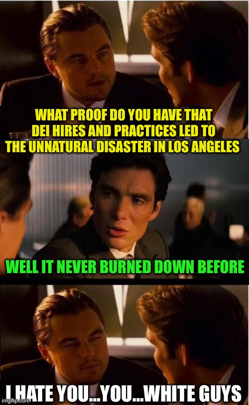 DEI is systemic Racism | WHAT PROOF DO YOU HAVE THAT DEI HIRES AND PRACTICES LED TO THE UNNATURAL DISASTER IN LOS ANGELES; WELL IT NEVER BURNED DOWN BEFORE; I HATE YOU…YOU…WHITE GUYS | image tagged in dei is bullshit,woke is bullshit,its proponents are bullshit | made w/ Imgflip meme maker