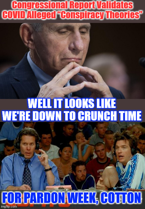 Coming down to crunch time for final pardon week...  prices are on the rise | Congressional Report Validates COVID Alleged “Conspiracy Theories”; WELL IT LOOKS LIKE WE'RE DOWN TO CRUNCH TIME; FOR PARDON WEEK, COTTON | image tagged in bold strategy cotton,pardon week,rinos and dems,looking for their pardon from bribem | made w/ Imgflip meme maker