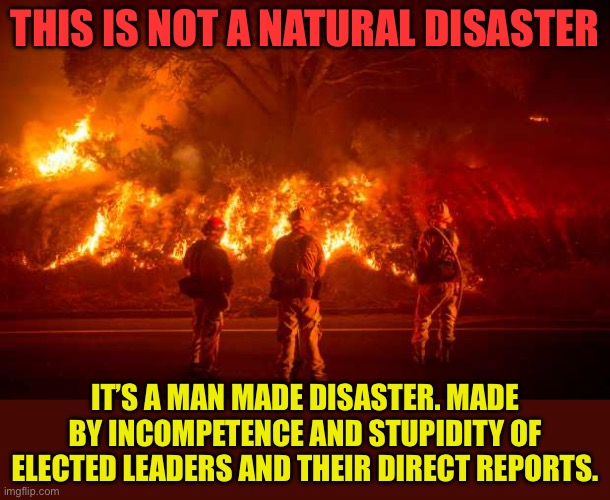 California fires are not a natural disaster | THIS IS NOT A NATURAL DISASTER; IT’S A MAN MADE DISASTER. MADE BY INCOMPETENCE AND STUPIDITY OF ELECTED LEADERS AND THEIR DIRECT REPORTS. | image tagged in california fires,idiot fringe,man made incompetence | made w/ Imgflip meme maker