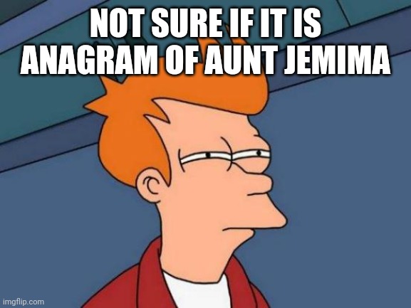 Futurama Fry Meme | NOT SURE IF IT IS ANAGRAM OF AUNT JEMIMA | image tagged in memes,futurama fry | made w/ Imgflip meme maker