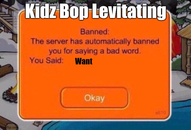 Bruh | Kidz Bop Levitating; Want | image tagged in the server has automatically banned you for saying a bad word | made w/ Imgflip meme maker