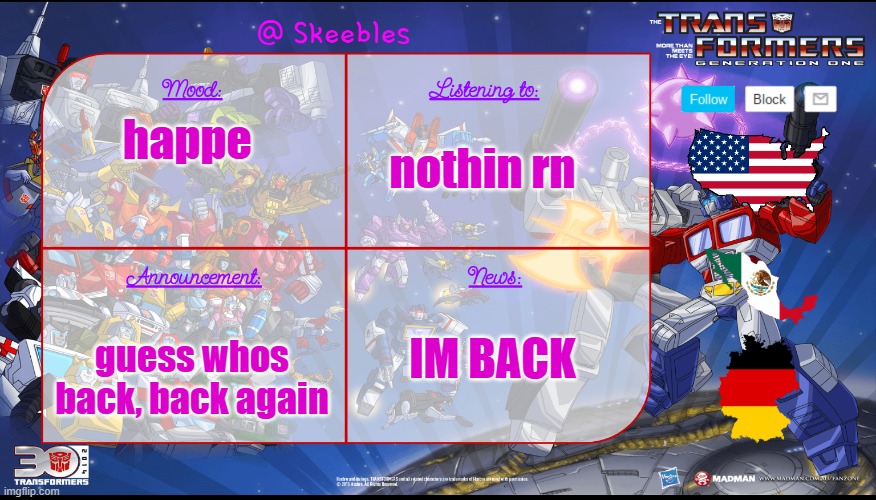 yall better not saturn me | nothin rn; happe; guess whos back, back again; IM BACK | image tagged in skeebles announcement temp | made w/ Imgflip meme maker