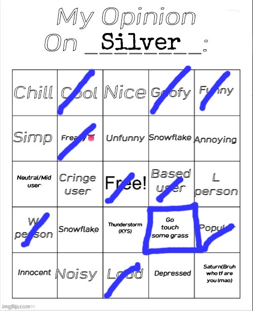 My Opinion On ________: Bingo by Andika V2 | Silver | image tagged in my opinion on ________ bingo by andika v2,msmg | made w/ Imgflip meme maker