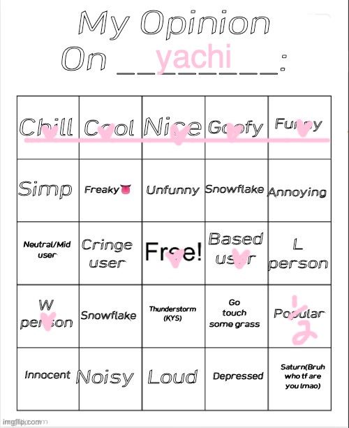 ly yachi my girls girly girl | yachi | image tagged in my opinion on ________ bingo by andika v2 | made w/ Imgflip meme maker