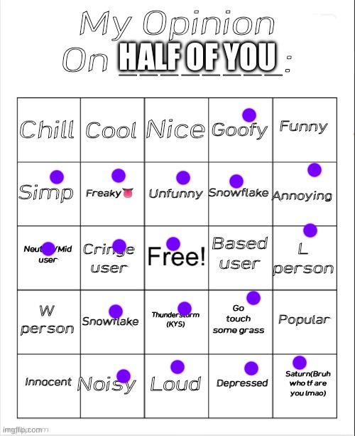 My Opinion On ________: Bingo by Andika V2 | HALF OF YOU | image tagged in my opinion on ________ bingo by andika v2 | made w/ Imgflip meme maker