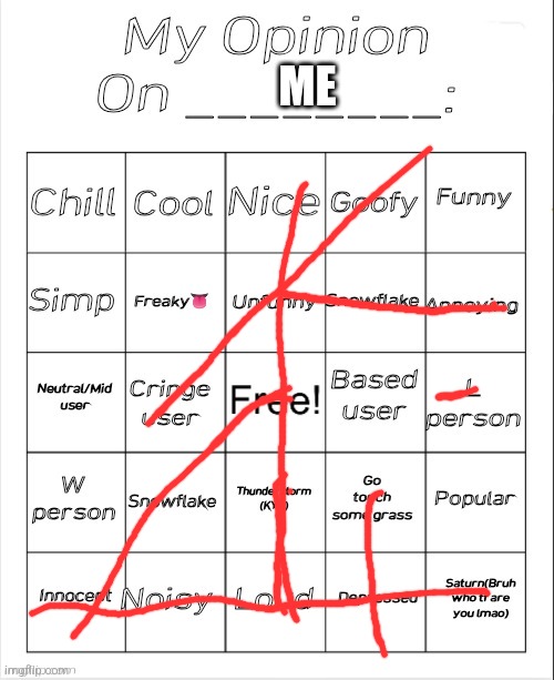 My Opinion On ________: Bingo by Andika V2 | ME | image tagged in my opinion on ________ bingo by andika v2 | made w/ Imgflip meme maker