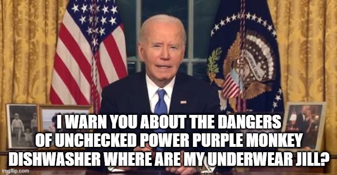 Farewell Joe | I WARN YOU ABOUT THE DANGERS OF UNCHECKED POWER PURPLE MONKEY DISHWASHER WHERE ARE MY UNDERWEAR JILL? | image tagged in biden speech | made w/ Imgflip meme maker