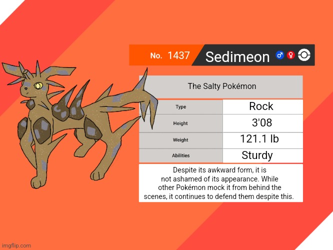 Not too proud of this one tbh. Tf going on with its tail is something I can't even answer. | 1437; Sedimeon; The Salty Pokémon; Rock; 3'08; 121.1 lb; Sturdy; Despite its awkward form, it is not ashamed of its appearance. While other Pokémon mock it from behind the scenes, it continues to defend them despite this. | image tagged in blank pokemon swsh pokedex | made w/ Imgflip meme maker