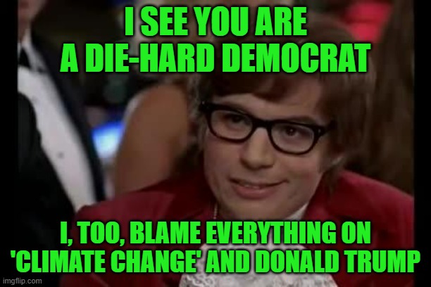 It's Simple, Really | I SEE YOU ARE A DIE-HARD DEMOCRAT; I, TOO, BLAME EVERYTHING ON 'CLIMATE CHANGE' AND DONALD TRUMP | image tagged in austin powers,i too like to live dangerously,democrats,climate change,climate crisis,donald trump | made w/ Imgflip meme maker