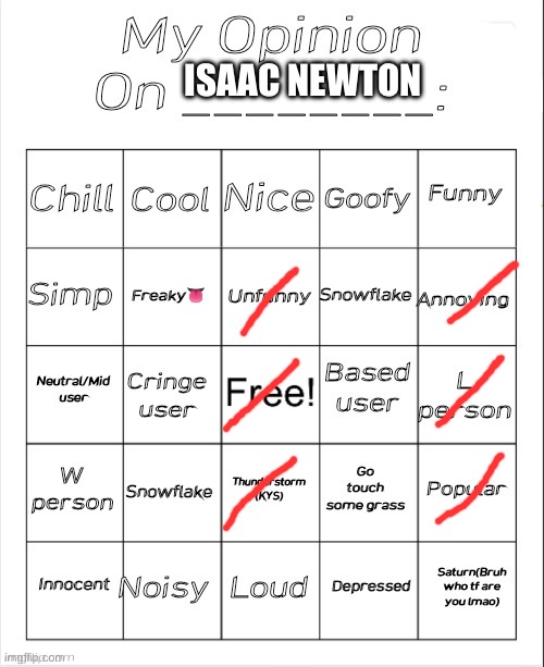 My Opinion On ________: Bingo by Andika V2 | ISAAC NEWTON | image tagged in my opinion on ________ bingo by andika v2 | made w/ Imgflip meme maker