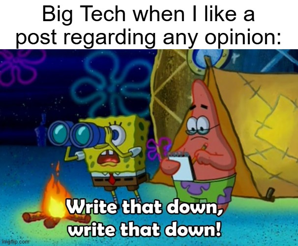 they want our data so bad | Big Tech when I like a post regarding any opinion: | image tagged in write that down,technology,data | made w/ Imgflip meme maker