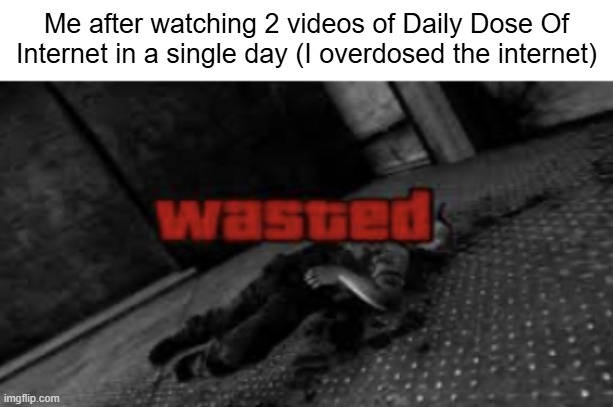 Wasted | Me after watching 2 videos of Daily Dose Of Internet in a single day (I overdosed the internet) | image tagged in wasted,internet | made w/ Imgflip meme maker