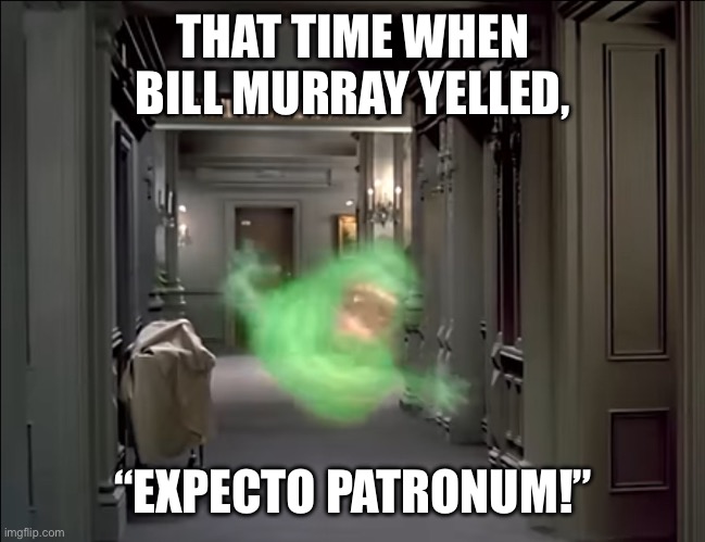 Bill Murray’s patronus | THAT TIME WHEN BILL MURRAY YELLED, “EXPECTO PATRONUM!” | image tagged in ghostbusters slimer | made w/ Imgflip meme maker