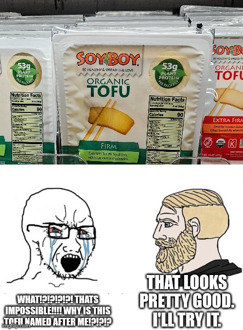 Soyboy tofu | THAT LOOKS PRETTY GOOD. I'LL TRY IT. WHAT!?!?!?!?! THATS IMPOSSIBLE!!!! WHY IS THIS TOFU NAMED AFTER ME!?!?!? | image tagged in soyboy vs yes chad | made w/ Imgflip meme maker