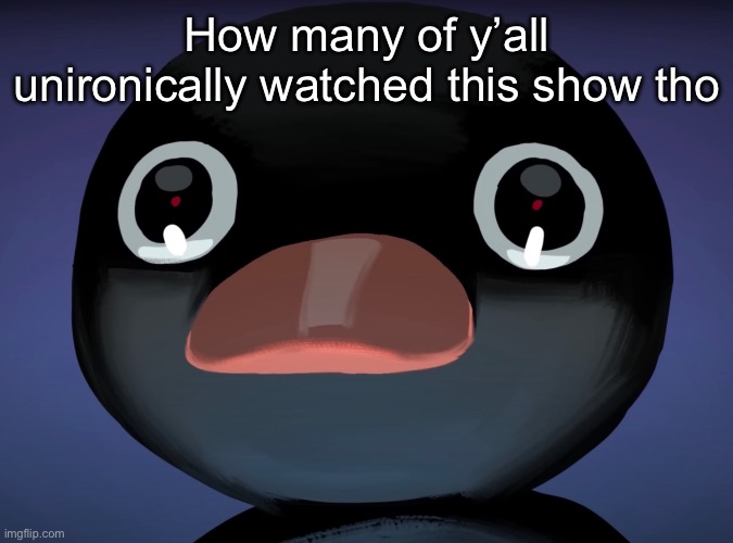 Pingu stare | How many of y’all unironically watched this show tho | image tagged in pingu stare | made w/ Imgflip meme maker