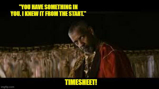 Gladiator 2 Timesheet Reminder | "YOU HAVE SOMETHING IN YOU. I KNEW IT FROM THE START."; TIMESHEET! | image tagged in gladiator 2 timesheet reminder,timesheet reminder,timesheet meme,denzel memes,memes | made w/ Imgflip meme maker