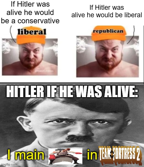 If Hitler was alive he would be a conservative; If Hitler was alive he would be liberal; HITLER IF HE WAS ALIVE:; I main           in | made w/ Imgflip meme maker