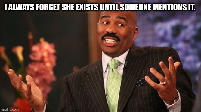 I ALWAYS FORGET SHE EXISTS UNTIL SOMEONE MENTIONS IT. | image tagged in memes,steve harvey | made w/ Imgflip meme maker